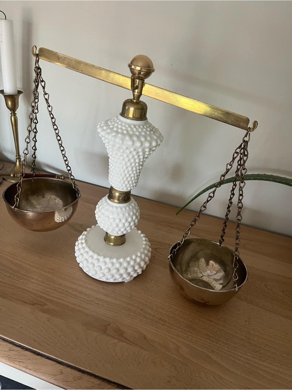 White Hobnail Milk Glass & Brass Balance Scale